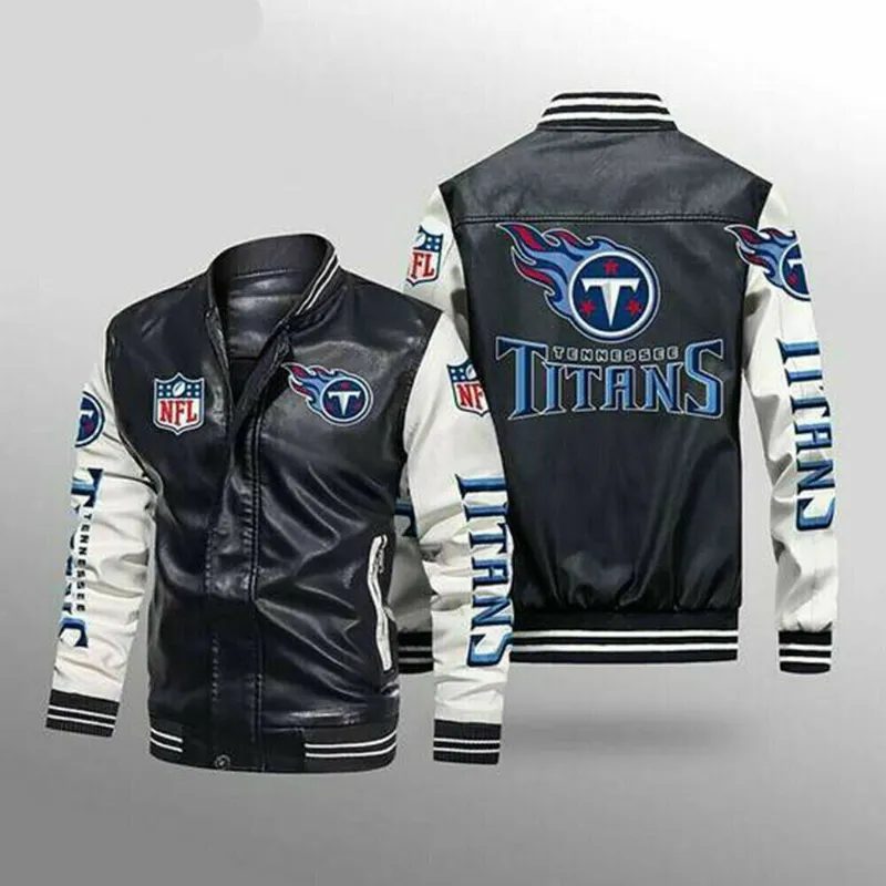 NFL Tennessee Titans Black White Leather Bomber Jacket NFL Tennessee Titans Black White Leather Bomber Jacket