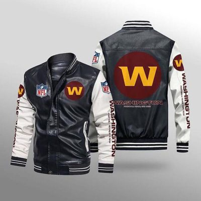NFL Washington Commanders Black White Leather Bomber Jacket