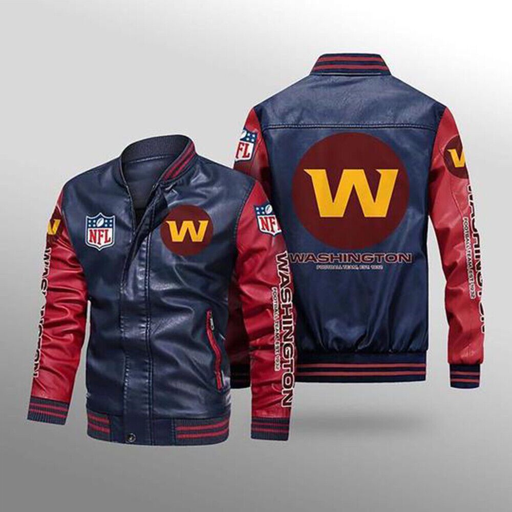 NFL Washington Commanders Navy Red Leather Bomber Jacket NFL Washington Commanders Navy Red Leather Bomber Jacket