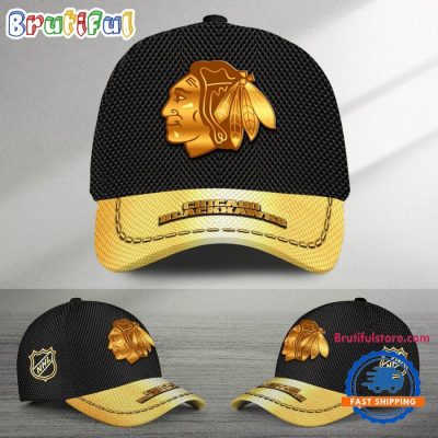NHL Chicago Blackhawks Black And Gold Design Cap Hats