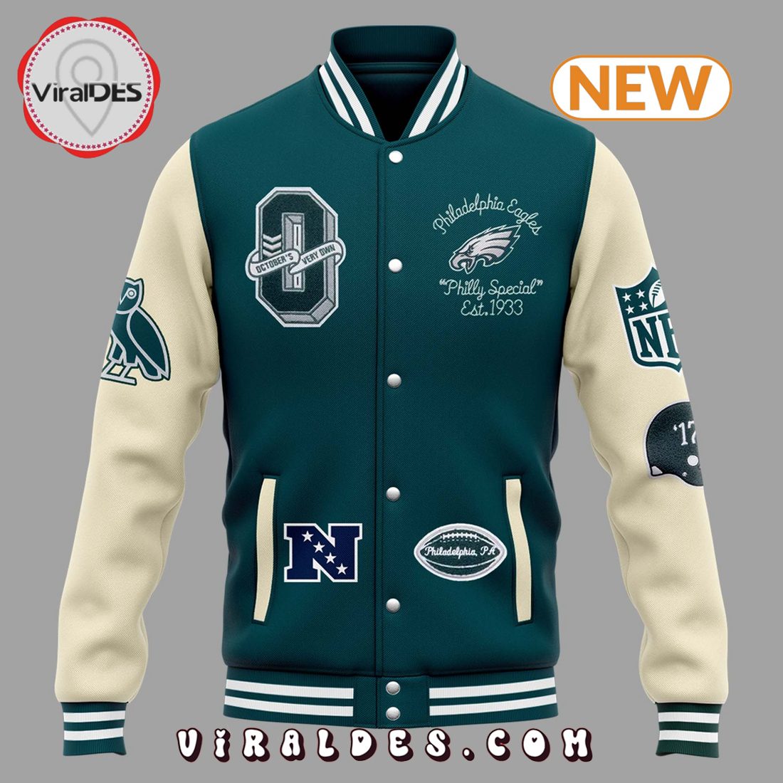 OVO x NFL Midnight Green Philadelphia Eagles Baseball Jacket OVO x NFL Midnight Green Philadelphia Eagles Baseball Jacket