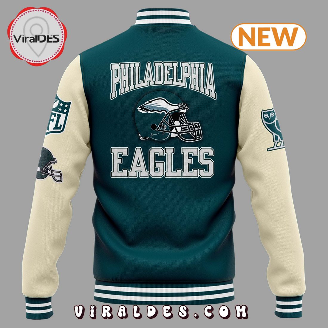 OVO x NFL Midnight Green Philly Special Baseball Jacket OVO x NFL Midnight Green Philly Special Baseball Jacket