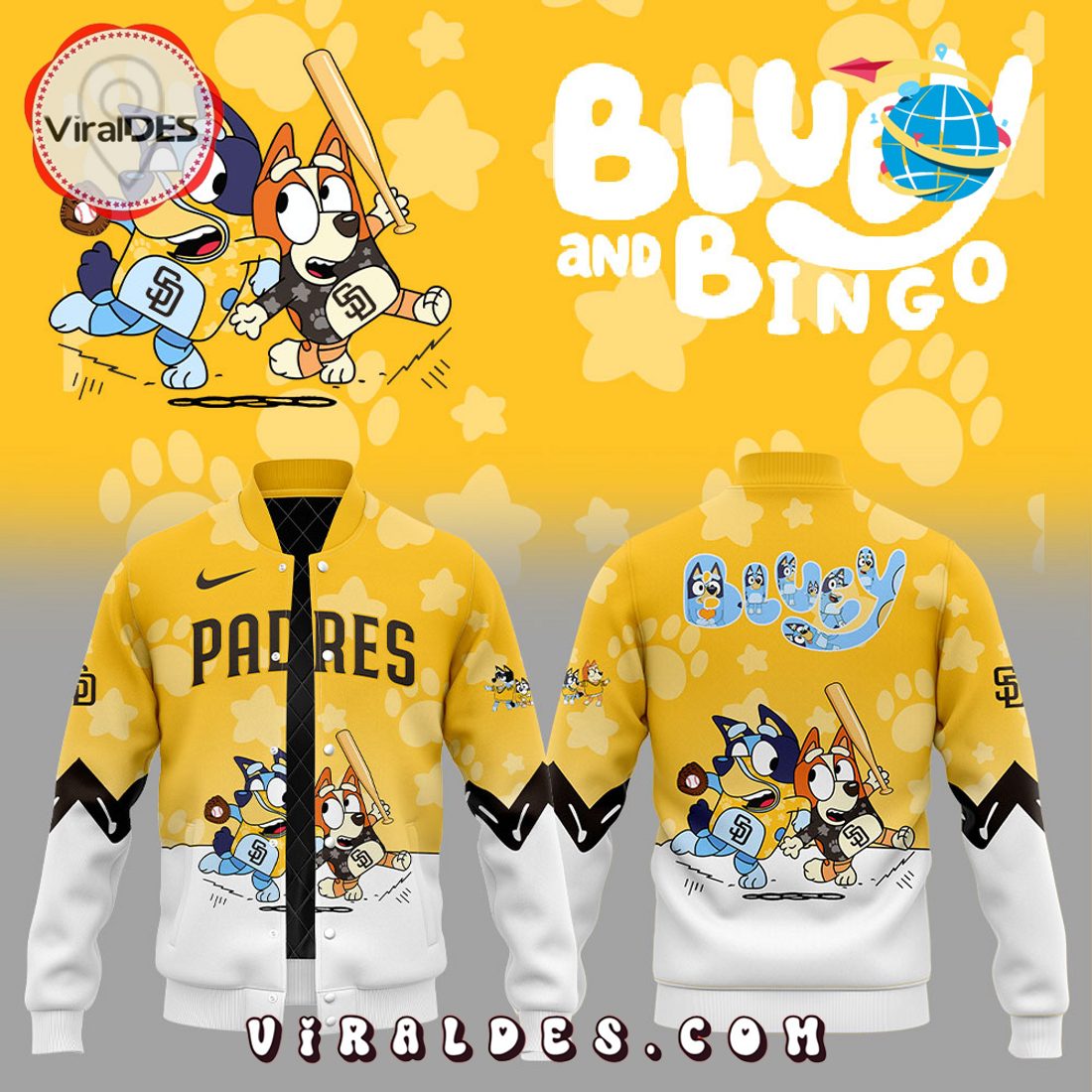 San Diego Padres Bluey and Bingo Baseball Jacket San Diego Padres Bluey and Bingo Baseball Jacket