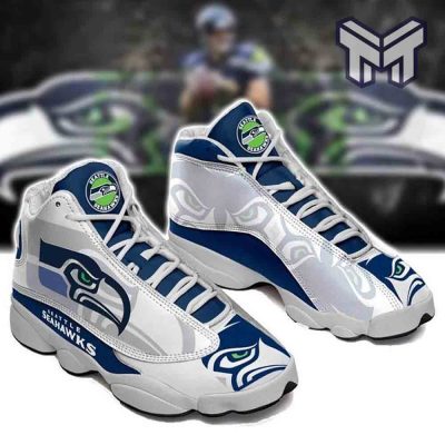 Seattle Seahawks Air Jordan 13,Nfl Big Logo Fans Sport White Black J13 Shoes Type01
