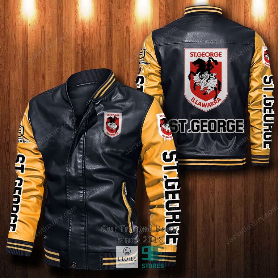 NRL St. George Illawarra Dragons Black Yellow Leather Bomber Jacket NRL St. George Illawarra Dragons Black Yellow Leather Bomber Jacket