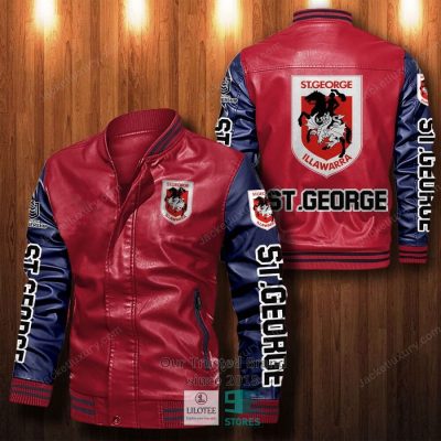 NRL St. George Illawarra Dragons Red Navy Blue Leather Bomber Jacket