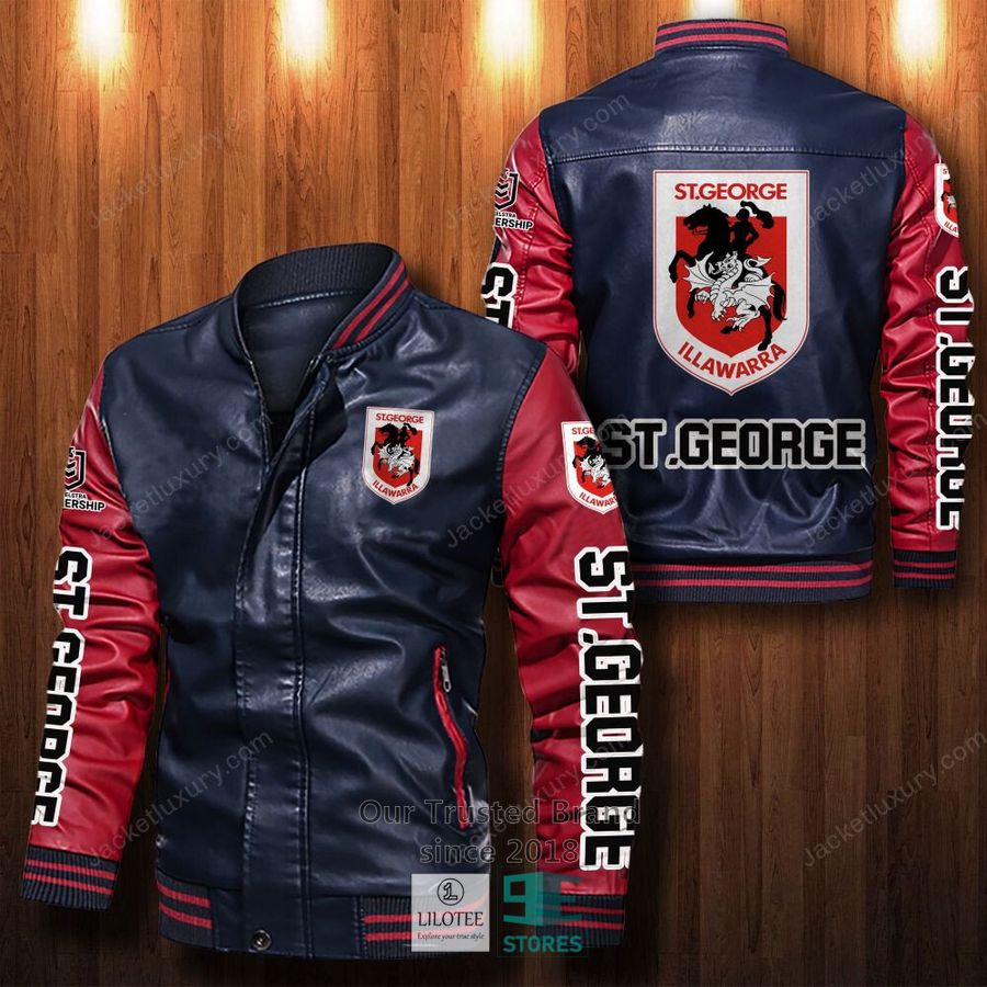 NRL St. George Illawarra Dragons Navy Blue Red Leather Bomber Jacket NRL St. George Illawarra Dragons Navy Blue Red Leather Bomber Jacket