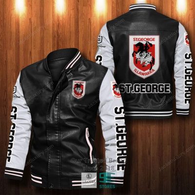 NRL St. George Illawarra Dragons Black White Leather Bomber Jacket