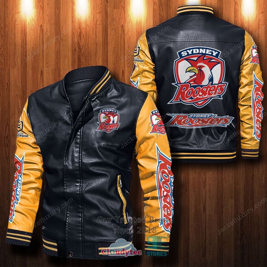 NRL Sydney Roosters Black Yellow Leather Bomber Jacket NRL Sydney Roosters Black Yellow Leather Bomber Jacket