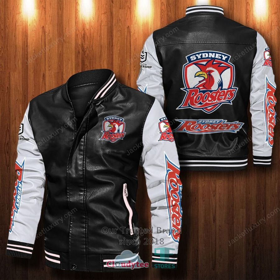 NRL Sydney Roosters Black White Leather Bomber Jacket NRL Sydney Roosters Black White Leather Bomber Jacket