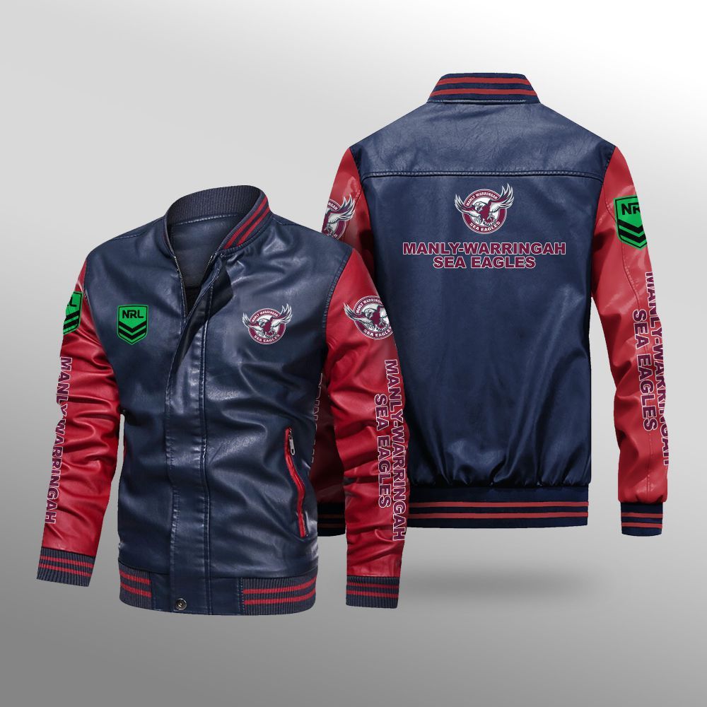 NRL Manly Warringah Sea Eagles Navy Blue Red Leather Bomber Jacket NRL Manly Warringah Sea Eagles Navy Blue Red Leather Bomber Jacket