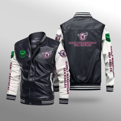 NRL Manly Warringah Sea Eagles White Black Leather Bomber Jacket