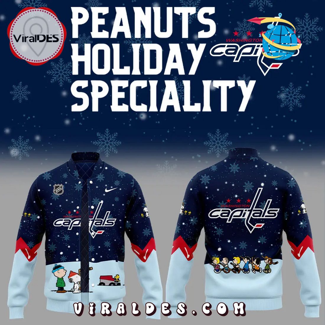 Washington Capitals Peanuts & Snoopy Night Baseball Jacket Washington Capitals Peanuts & Snoopy Night Baseball Jacket