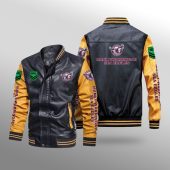 NRL Manly Warringah Sea Eagles Black Yellow Leather Bomber Jacket