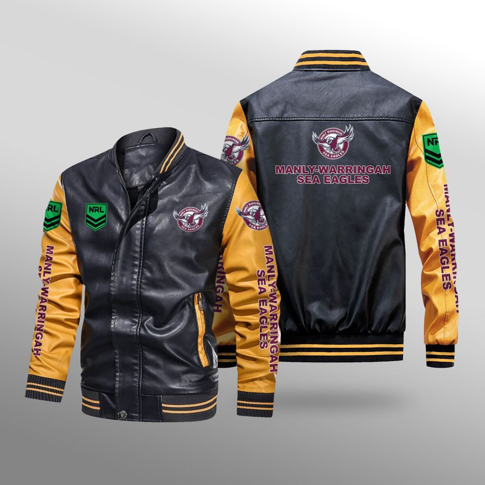 NRL Manly Warringah Sea Eagles Black Yellow Leather Bomber Jacket NRL Manly Warringah Sea Eagles Black Yellow Leather Bomber Jacket
