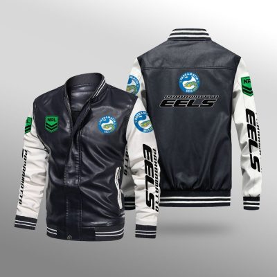 NRL Parramatta Eels Black White Leather Bomber Jacket