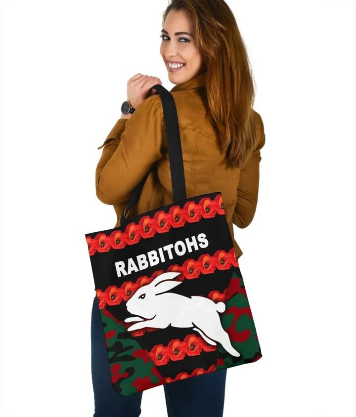 NRL South Sydney Rabbitohs ANZAC Day Poppy Flower Tote Bag NRL South Sydney Rabbitohs ANZAC Day Poppy Flower Tote Bag