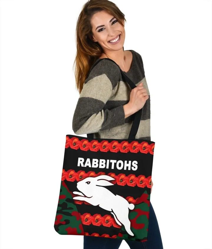 NRL South Sydney Rabbitohs ANZAC Day Poppy Flower Tote Bag NRL South Sydney Rabbitohs ANZAC Day Poppy Flower Tote Bag