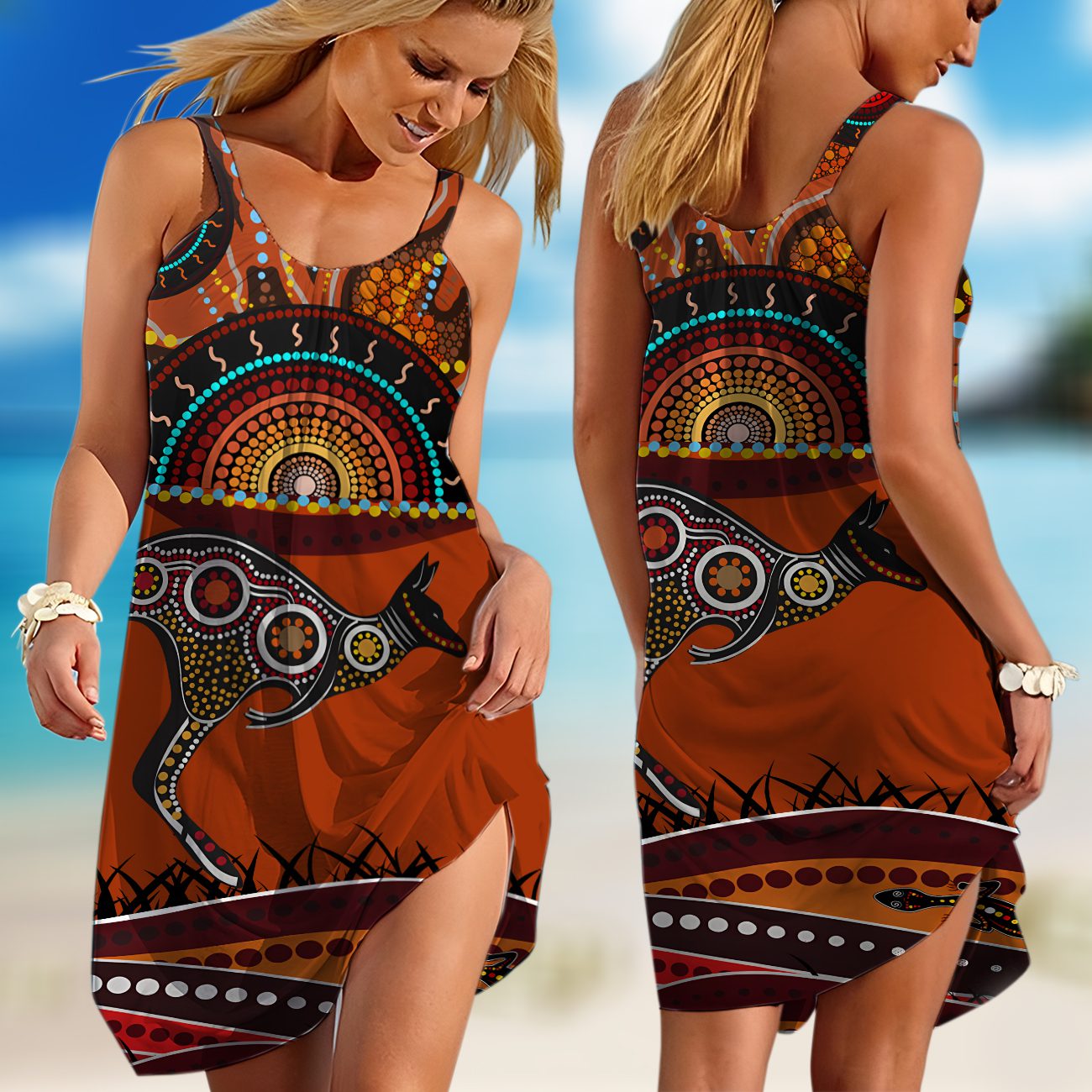 Aussie Aboriginal Kangaroo Dot Art Sleeveless Summer Beach Dress Aussie Aboriginal Kangaroo Dot Art Sleeveless Summer Beach Dress