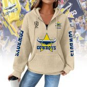 NRL Woman Waffle Knit Quarter Zip Hooded Sweatshirt - Casual Solid Long Sleeve Pullover Hoodie with Zipper 014