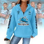 NRL Cronulla-Sutherland Sharks Woman Waffle Knit Quarter Zip Hooded Sweatshirt - Casual Solid Long Sleeve Pullover Hoodie with Zipper 009