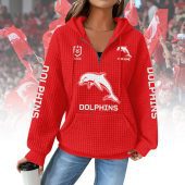 NRL Dolphins Woman Waffle Knit Quarter Zip Hooded Sweatshirt - Casual Solid Long Sleeve Pullover Hoodie with Zipper 007