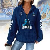 NRL Gold Coast Titans Woman Waffle Knit Quarter Zip Hooded Sweatshirt - Casual Solid Long Sleeve Pullover Hoodie with Zipper 005