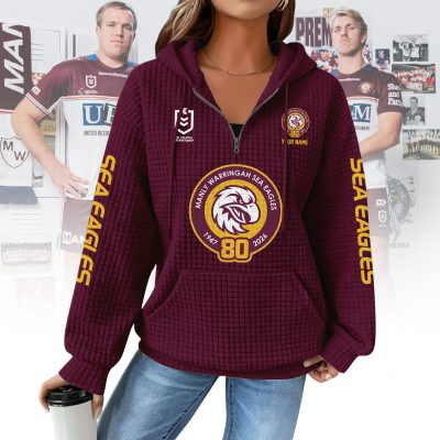 NRL Woman Waffle Knit Quarter Zip Hooded Sweatshirt - Casual Solid Long Sleeve Pullover Hoodie with Zipper 003