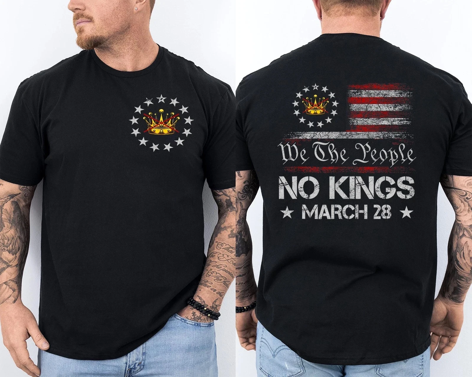 No Kings March 28 2026 No Kings Day We The People US Flag Front & Back T-Shirt No Kings March 28 2026 No Kings Day We The People US Flag Front & Back T-Shirt