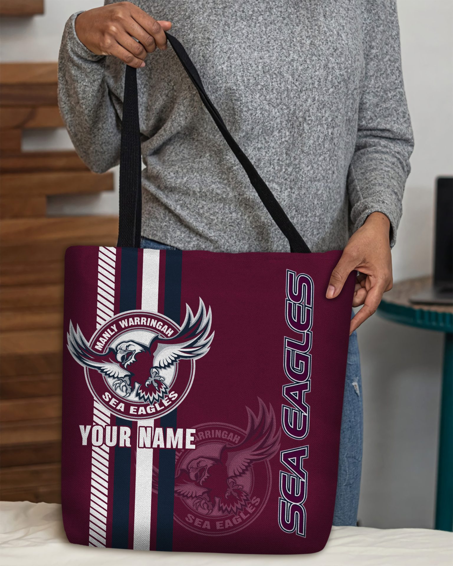 NRL Manly Warringah Sea Eagles Custom Name New Edition Tote Bag NRL Manly Warringah Sea Eagles Custom Name New Edition Tote Bag