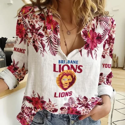 Brisbane Lions AFL Women's Long Sleeve Shirt Slub Linen Custom Name Gift for Fans