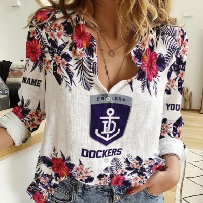 Fremantle Dockers AFL Women's Long Sleeve Shirt Slub Linen Custom Name Gift for Fans