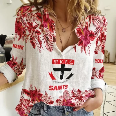 St Kilda Saints AFL Women’s Casual Shirt Breathable Bamboo Linen Custom Name Gift for Fans