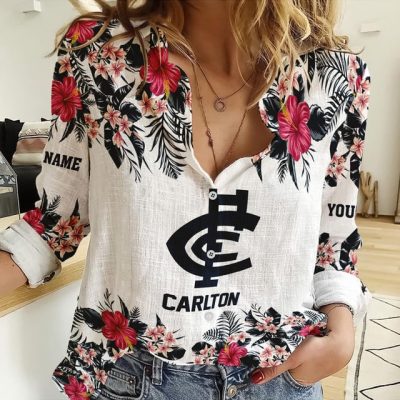 Carlton Blues AFL Women's Long Sleeve Shirt Slub Linen Custom Name Gift for Fans
