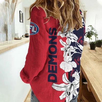 Melbourne Demons AFL Women’s Casual Shirt Breathable Bamboo Linen Custom Name Gift for Fans v3