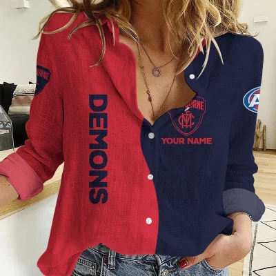 Melbourne Demons AFL Women’s Casual Shirt Breathable Bamboo Linen Custom Name Gift for Fans v2