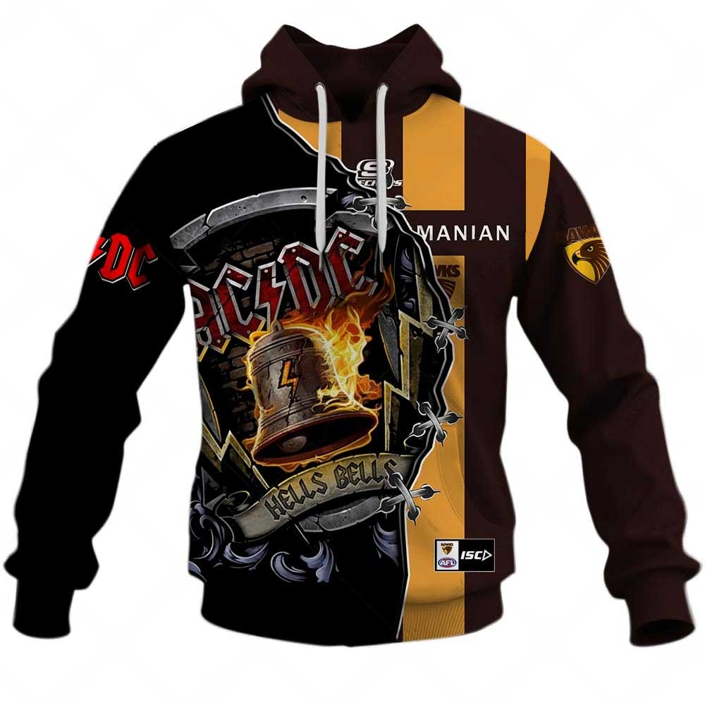 AFL Hawthorn Hawks AC/DC Mix Custom Name Number 2023 Home Guernsey Pullover Hoodie