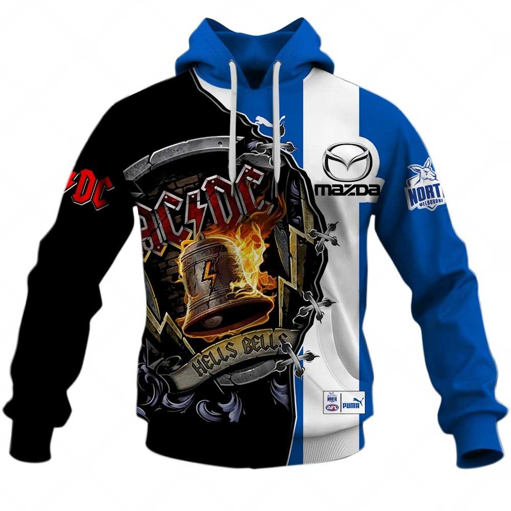 AFL North Melbourne Kangaroos AC/DC Mix Custom Name Number 2023 Home Guernsey Pullover Hoodie