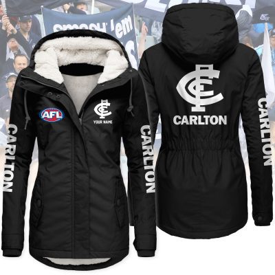 Carlton Football Club AFL Women’s Hooded Lined Thick Trench Coat – Warm Winter Jacket