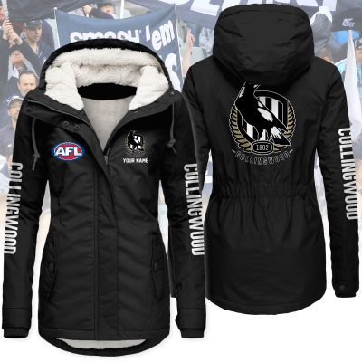 Collingwood Football Club AFL Women’s Hooded Lined Thick Trench Coat – Warm Winter Jacket