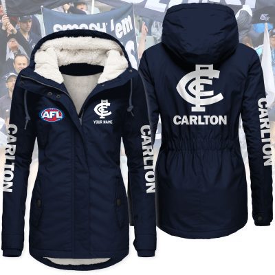 Carlton Football Club AFL Women’s Hooded Lined Thick Trench Coat – Warm Winter Jacket