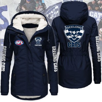 Geelong Football Club AFL Women’s Hooded Lined Thick Trench Coat – Warm Winter Jacket