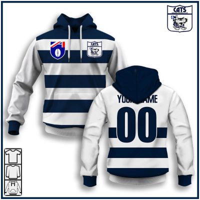 AFL Geelong Cats Custom Name Number 90s Vintage Retro Guernsey Pullover Hoodie