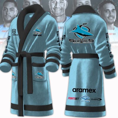 NRL Cronulla-Sutherland Sharks Custom Name New Version Fleece Bathrobe