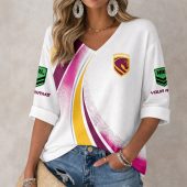 NRL 2026 Brisbane Broncos Custom name White Mix Color team Long Sleeves V-neck Shirt v3