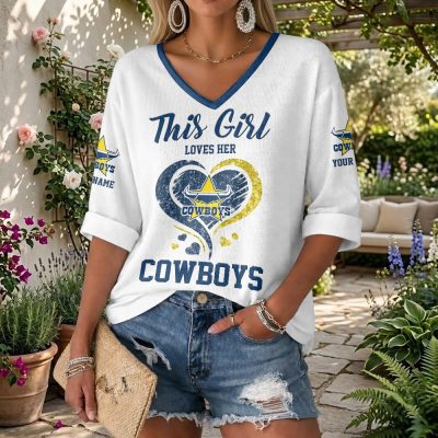 NRL 2026 North Queensland Cowboys Custom name This Girl Loves Her Long Sleeves V-neck Shirt v4