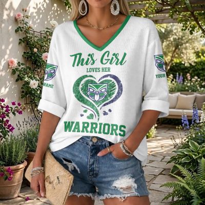 NRL 2026 New Zealand Warriors Custom name This Girl Loves Her Long Sleeves V-neck Shirt v4