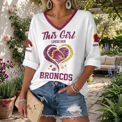NRL 2026 Brisbane Broncos Custom name This Girl Loves Her Long Sleeves V-neck Shirt v4
