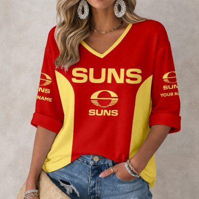 AFL Gold Coast Suns Custom Name Long Sleeves V-neck Shirt v1