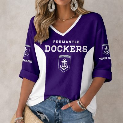 AFL Fremantle Dockers Custom Name Long Sleeves V-neck Shirt v1